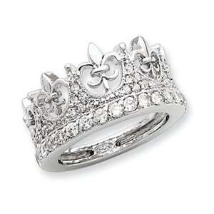  Sterling Silver Fleur de lis Crown CZ Ring   Size 8 