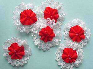 35 pcs Red Satin Flower with White Lace Applique 2.5cm Bridal Craft 