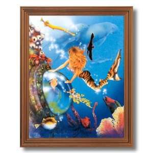 Lady Mermaid Tropical Ocean Fish Fantasy Wall Picture Oak Framed Art 