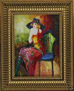Beautiful Woman Hat Dress Sit Chair FRAMED OIL PAINTING  
