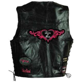 Ladies Womens Black Leather Motorcycle Vest w/ Patches  