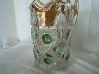 Vintage Glass Pitcher w 6 Glasses~ Green Glass Dots Gold Trim  