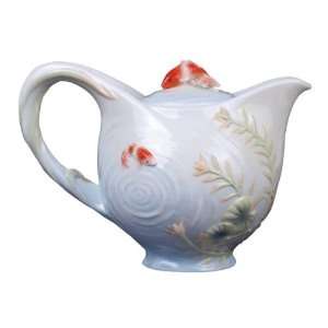 inch Glazed Porcelain Koi in Lotus Pond Teapot with Koi Lid  