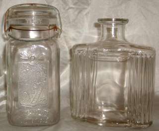   of 2 Clear Glass Bottles/Jars Queen Canning & a Whiskey Bottle  