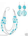 NICOLE MILLER Aqua Crystal Silvertone Multi Strand Necklace Earrings 