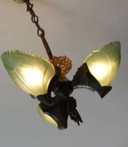 1900s Art Deco Bronze Jadite Jadeite Slip Shade Ceiling light fixture 