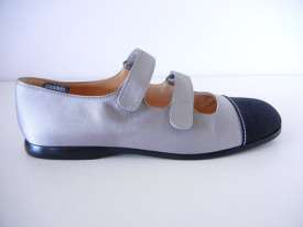 CHANEL shoe 2 strap MARY JANE flat silver satin black toe NEW 9 round 