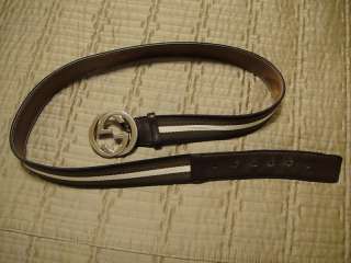 MENS GUCCI GG BUCKLE BELT BROWN STRIPE CANVAS AND LEATHER FITS 36/38 