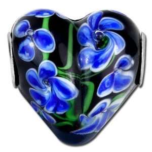   Black Heart Pendant with Royal Blue Flowers Large Hole Beads Jewelry