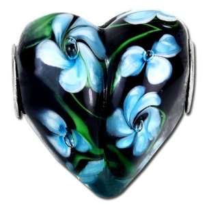   Black Heart Pendant with Baby Blue Flowers Large Hole Beads Jewelry