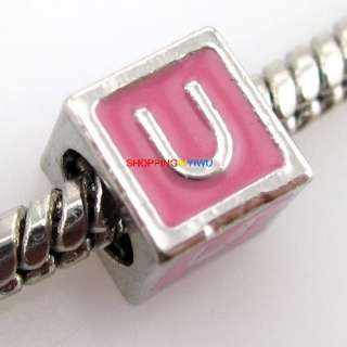 Alphabet Letter Enamel Pink A Z Charms European Beads Fit Bracelet 