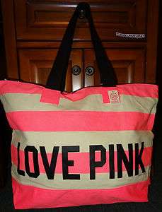   Victoria Secret PINK Love Striped Canvas Weekender Zip Top Tote Bag