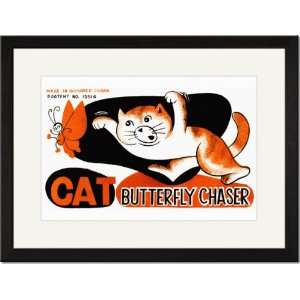   Black Framed/Matted Print 17x23, Cat Butterfly Chaser