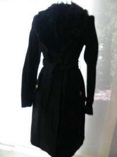 bebe Double Belted Wool Coat BLACK fur collar 171655 x small  