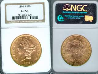 1896 S $20 Gold Coin NGC AU58  