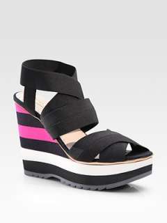 Prada   Stripe Wedge Sandals with Elastic Straps    