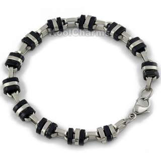 NEW Silver /Black MENS 316L Stainless Steel Link Necklace Bracelet Set 