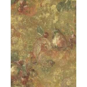 Faux Fruit and Scroll Brown and Red Wallpaper in Kitchen and Bath 