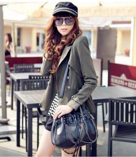 Womens Fashion Metal Chains Faux Leather Shoulder Bag Handbag Purse 