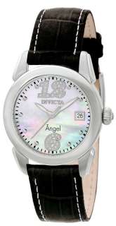   Angel Diamond Accented MOP Dial Swiss Black Leather Strap Watch  