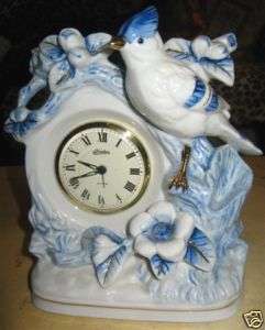 VINTAGE LINDEN ALARM CLOCK, BLUE/WHITE W BIRD & FLOWERS  