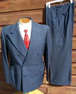 VTG 1940s BLUE Pinstripe Button Fly DB Gangster Suit 38  