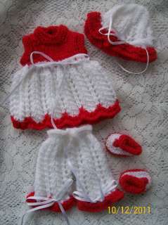 Doll Clothes Handknitted Red and White dress set 5 pc. fit Baby 9 10 