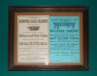 Framed antique pair of handbills from Brunswick Balke Collender 