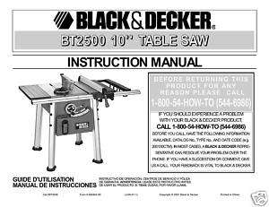 Black & Decker 10 Table Saw Manual # BT2500  
