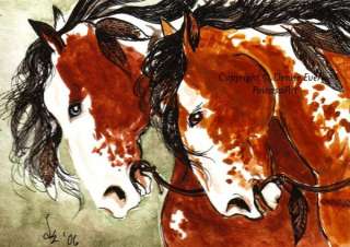 ACEO PRINT Bay Pinto Indian War Pony Pair Horse Art  