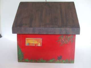  Hand Painted Wooden Red Bird School House design Feeder  