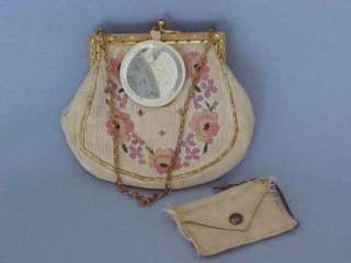 Antique Small Pocketbook Purse Pettipoint ~ Gold Tone Frame Coin Purse 