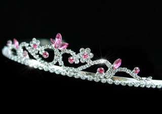 Pink Crystal Flower Prom Bridal Wedding Tiara T1201  
