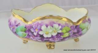 VTG Violets Open Sugar Bowl Quatrefoil Shape Footed Hand Painted 