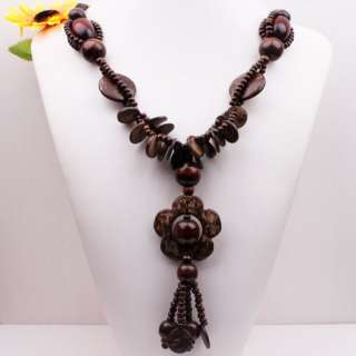 Pretty Brown Wooden Ball Bead Flower Pendant Necklace  