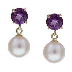   Gold Freshwater Pearl and Amethyst Earrings (7.5 8 mm)  