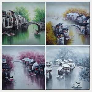  Water Village in Four Seasons   4 Canvas Set Oil Painting 