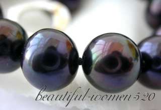   18 11mm round Tahitian black freshwater pearl necklace silver clasp