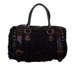 Rosette Faux Leather Studded Bowler Bag  