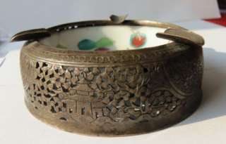 Rare antique late 19th Century China silver&porcelain ashtray  