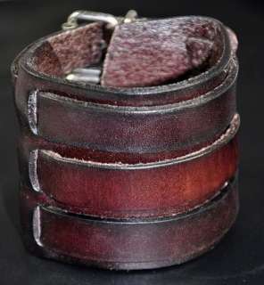 Mens Quality 3 band Wide Vintage First Class Leather Bracelet Cuff 