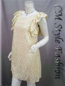 Ruffled Lace Girly Smock Summer Tunic Dress Beige S  
