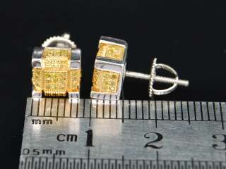 WHITE GOLD CANARY YELLOW BLOCK 3D DIAMOND STUD EARRINGS  