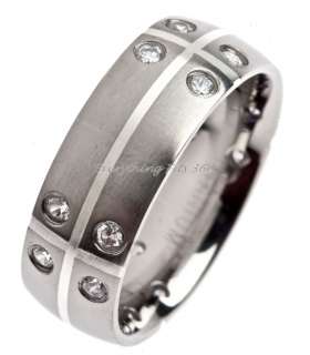 Titanium Wedding Band Silver inlay 16 CZ Comfort Fit 8mm Size 8  13 