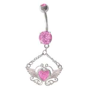  Pretty Pink Heart w/ Swirl wings winged dangle Belly navel 