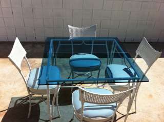   Vintage Bamboo Style Hollywood Regency Table/chairs w/Blue Glass