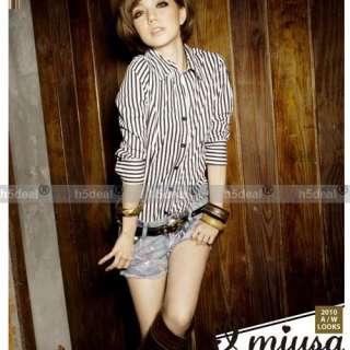 Fashion Korean Women Slim Crew Stripe T Shirts Top O  