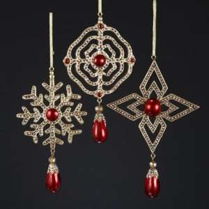 Pack of 6 Red and Gold Snowflake Christmas Ornaments with Red Pearl 