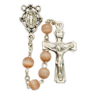 Ladies Pink Cats Eye Glass Miraculous Medal Mary Rosary  