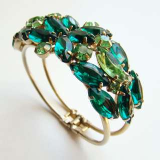   Rhinestone Hinged Clamper Bracelet Earrings Emerald Green Goldtone